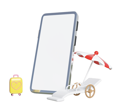 3d mobile phone, smartphone with beach chair, lounger, umbrella, parasol, suitcase isolated. summer travel concept, 3d render illustration png
