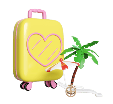 summer travel with suitcase, umbrella, parasol, beach chair, lounger, tree isolated. 3d illustration render png