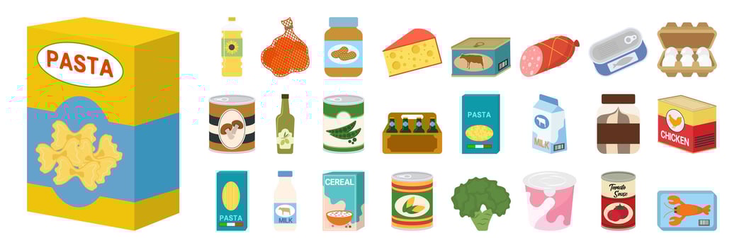 Grocery food set illustration. Cartoon fruit and vegetables, meat, bakery, confectionery and dairy products, colorful elements for cooking. Supermarket list, diet plan concept. vector