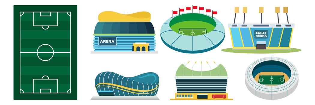 Soccer or football game stadium championship fan set. Team t-shirt, scarf, whistle, ball, goal, tournament cup, foam hand, trumpet, hat. Competition match attributes flat illustration. vector