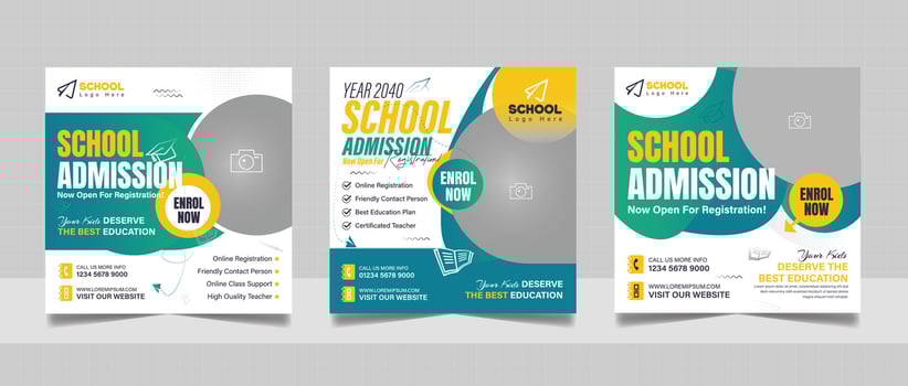 Kids admission social media post and back to school web banner higher education square flyer study abroad poster template vector
