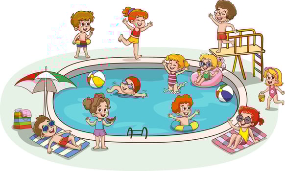 Children in aqua park swimming pool having fun.Summer Outdoor Activity Concept Cartoon Illustration vector