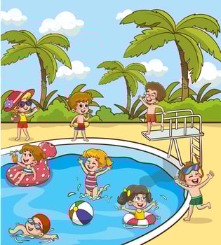 Children in aqua park swimming pool having fun.Summer Outdoor Activity Concept Cartoon Illustration vector