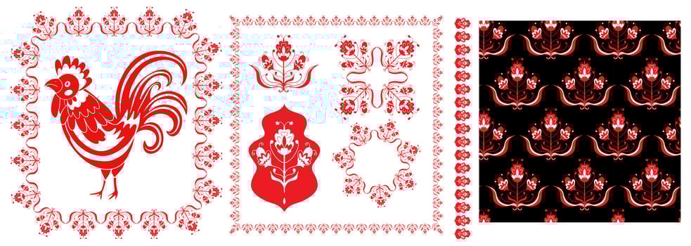 Polish folk art seamless embroidery pattern with flower. Red floral embroidery ornament with cocks - traditional folk seamless pattern. set vector