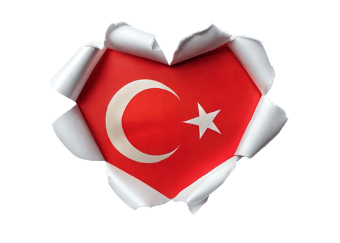 A close-up image of the Turkish flag displayed in a heart-shaped hole in white paper png