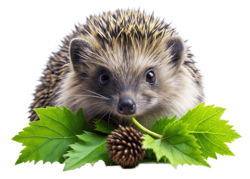 A close-up shot of a small hedgehog with a curious expression as it eats a pine cone. Green leaves surround the hedgehog, adding to the natural and adorable scene png