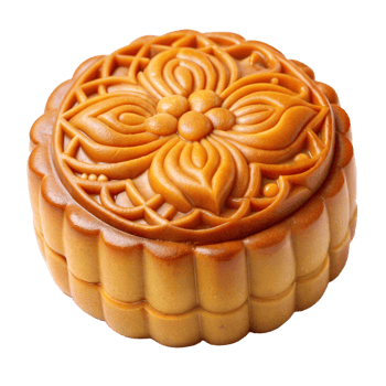 A close up of a golden mooncake with a delicate floral design on the top png