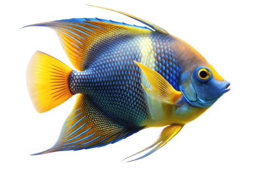 A single, colorful angelfish with blue, yellow, and green scales swims through a tropical reef png