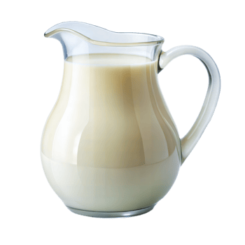 A full glass pitcher of fresh milk sits on a transparent background png