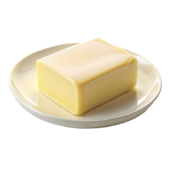 A close-up image of a single stick of unsalted butter sitting on a white plate png