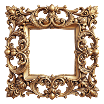A detailed, gold picture frame with intricate carvings around the border png