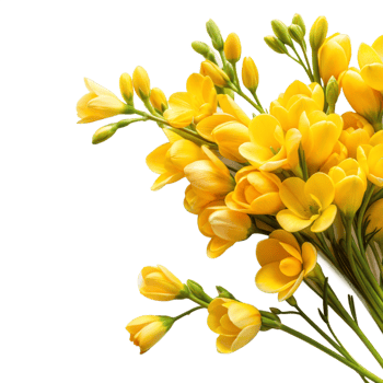 A beautiful bouquet of yellow freesia flowers in full bloom on a transparent background png