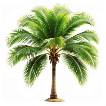 A single palm tree with green leaves and a brown trunk is isolated on a transparent background png