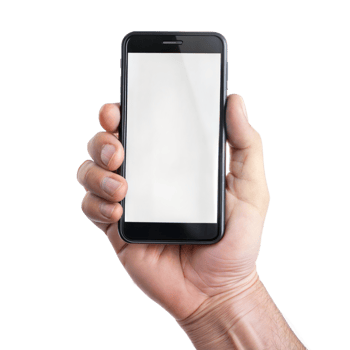 A hand holding a black cell phone with a white screen png
