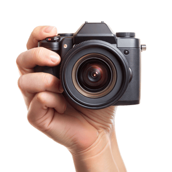 A person is holding a camera with a black lens png