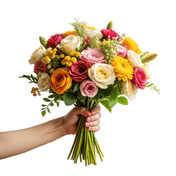 A hand holding a bouquet of flowers with a variety of colors including yellow png