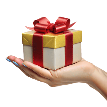 A hand holding a gold and red box with a red ribbon png