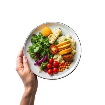 A person is holding a plate of food that includes a variety of vegetables png