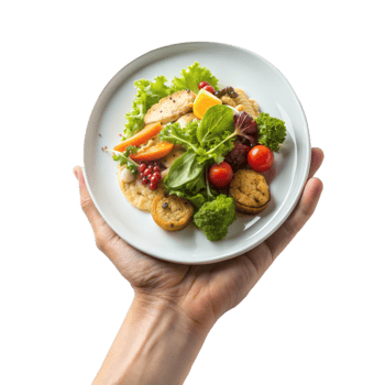 A hand holding a plate of food with a variety of vegetables and fruits png