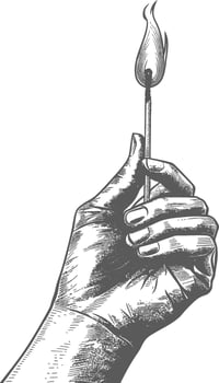 hand holding burning match with engraving style black color only vector