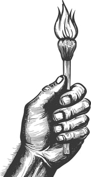 hand holding burning match with engraving style black color only vector