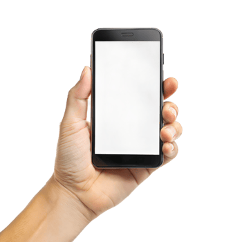 A hand holding a black cell phone with a white screen png