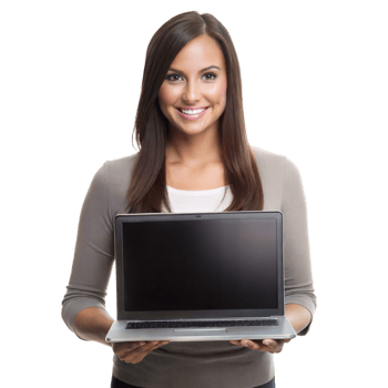 A woman is holding a laptop in front of a transparent background png