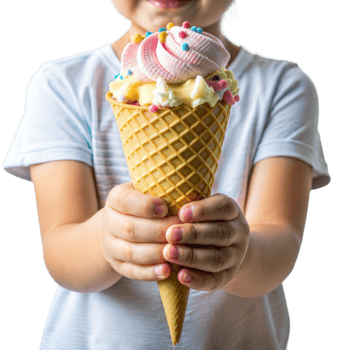 A young girl is holding an ice cream cone with a pink and white swirl png