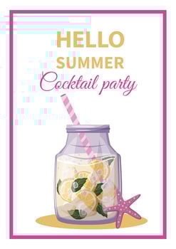 Summer banner cocktail party invitation. Beach holidays, summer party, cafe and bar concept. Traditional lemonade with lemons, ice and mint. Starwish. Hand drawn illustration vector