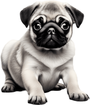 Close up captures Pugs distinctive wrinkled, expressive face. AI-Generated. png
