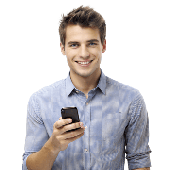 Smiling Man Using Smartphone in Blue Plaid Shirt png