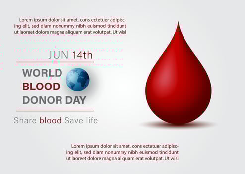 Blood droplet in 3d style with wording of event, example texts on white paper pattern background. Poster's campaign of world blood donor day vector