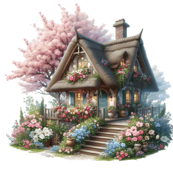 Fairytale Cottage With Blooming Flowers on transparent background png