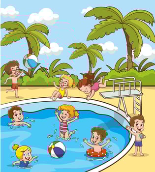 Children in aqua park swimming pool having fun.Summer Outdoor Activity Concept Cartoon Illustration vector