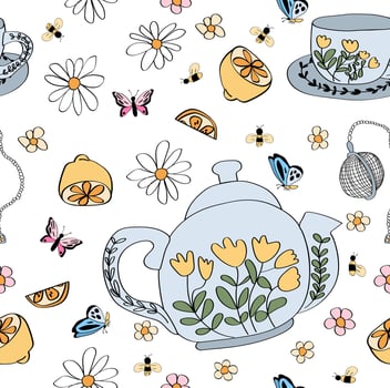 Cute English tea party seamless pattern with flowers sliced lemons and butterflies. vector