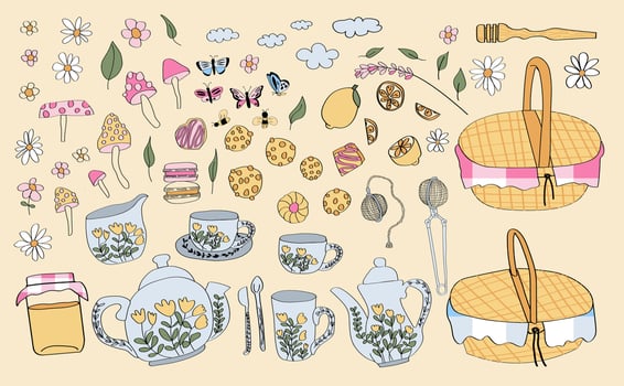 Collection of vintage tea party and picnic elements. vector