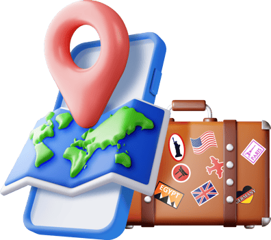 3D vintage travel bag, world map and pin in phone png