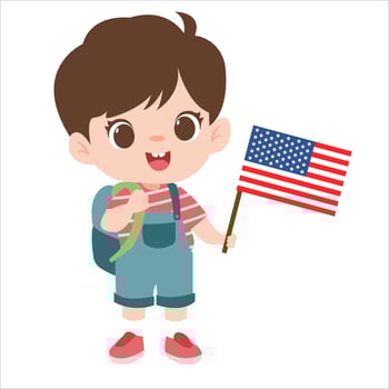Cute Kid Holding US Flag. Happy American boy with backpack. illustration isolated on white background vector