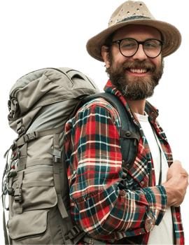 Smiling Hiker with Backpack and Hat. png