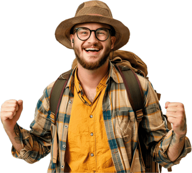 Smiling Hiker with Backpack and Hat. png