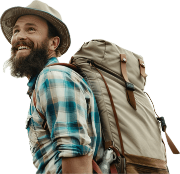 Smiling Hiker with Backpack and Hat. png