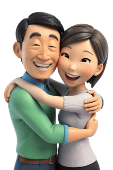 3d cartoon style of Show asian two people embracing, one with a reassuring smile and the other with a relieved expression, capturing support. isolated on background png