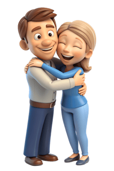 3d cartoon style of Show two people embracing, one with a reassuring smile and the other with a relieved expression, capturing support. isolated on background png