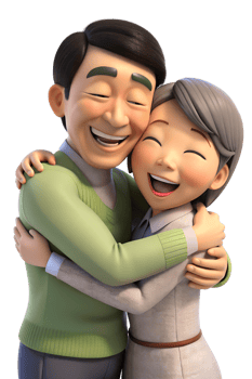 3d cartoon style of Show asian two people embracing, one with a reassuring smile and the other with a relieved expression, capturing support. isolated on background png