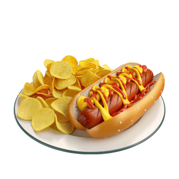 Hot dog with ketchup and chips on a plate on transparent background. png