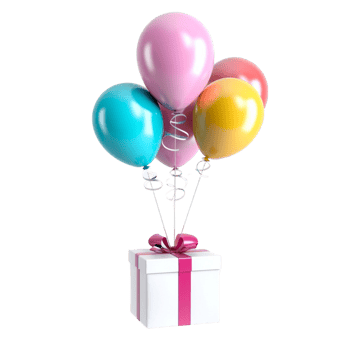 Birthday gift with balloons on transparent background. png