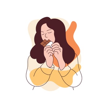 Happy Young European brunette Woman with closed eyes eating chocolate and enjoying the taste of candy vector