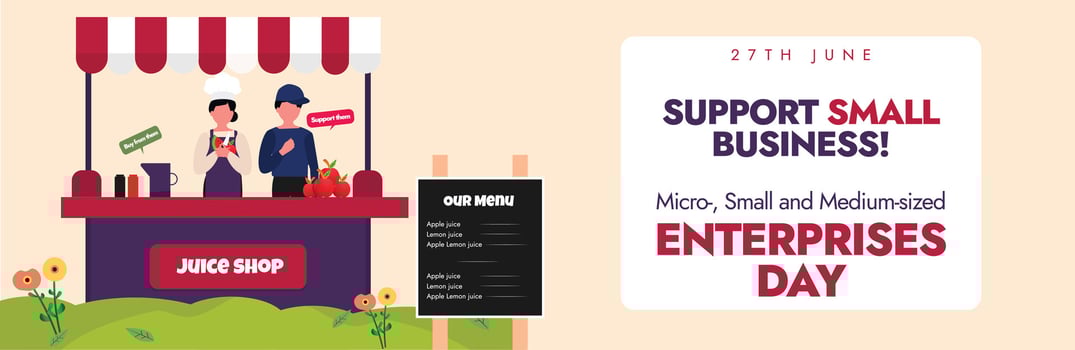 Micro, Small and Medium-sized enterprises day. 27th June MSME day celebration cover banner, post with small juice shop on cart with its two owners. Supporting and appreciating small businesses. vector