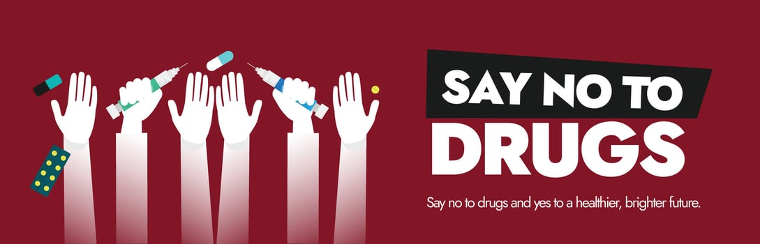 Say no to Drugs cover banner. 26th June world drugs banner, social media post with silhouette white hands holding syringes, pills. vector