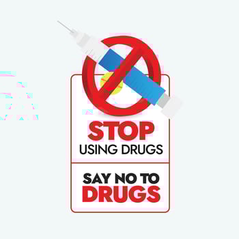 Stop using drugs, say no to drugs. 26th June World drug day label, sticker, banner with a banned sign on syringe. Say no to drugs. vector